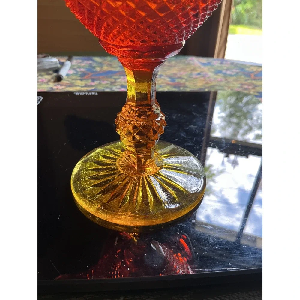 Vintage Amberina Glass Ruffled Compote Dish Diamond Point Pedestal Red‎ Yellow